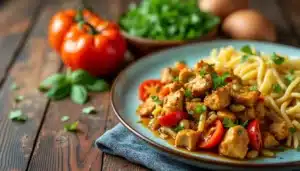 Chicken with cherry tomatoes and pasta dish