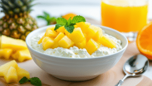 enjoy a delicious and nutritious breakfast with cottage cheese served alongside sweet chunks of pineapple. this protein-rich dish not only satisfies your hunger but also adds a refreshing tropical twist to your morning routine.