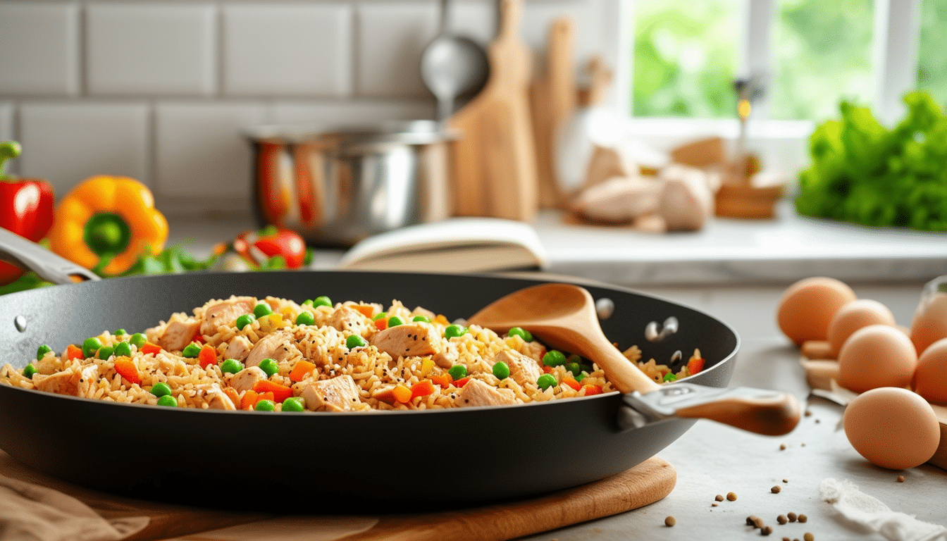 discover the simplest and most delicious chicken fried rice recipe that anyone can master. perfect for a quick weeknight dinner, this easy dish combines tender chicken, vibrant vegetables, and fluffy rice for a comforting meal that brings the flavors of your favorite takeout right to your kitchen. let’s turn up the heat and get cooking!