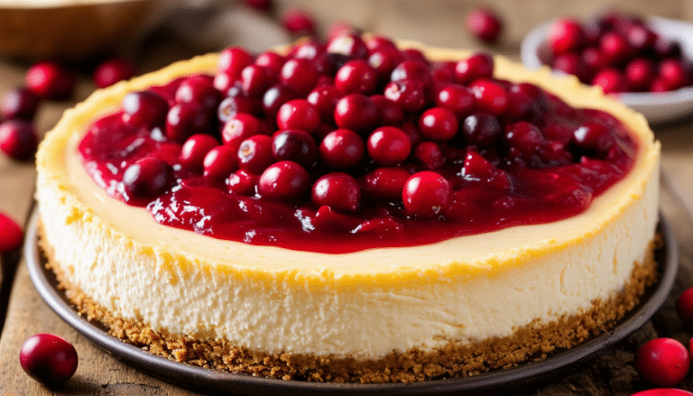 indulge in the rich flavors of our cranberry cheesecake, featuring a luscious creamy base topped with a delightful layer of tart cranberry sauce. perfect for any dessert lover!