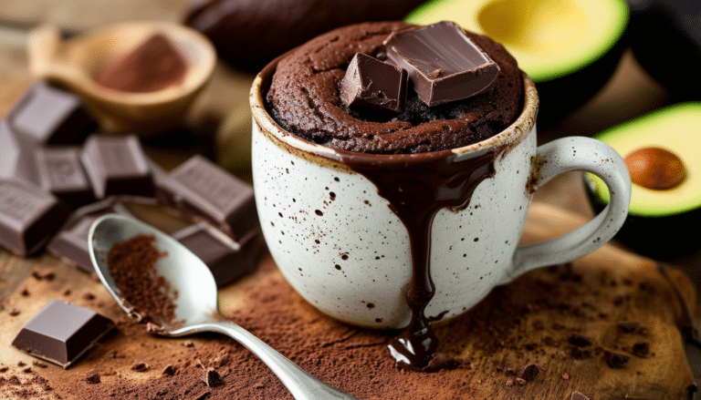 indulge in a rich and decadent dairy-free chocolate avocado mug cake that's quick and easy to make! perfect for satisfying your sweet cravings in minutes, this guilt-free dessert is packed with healthy fats and intense chocolate flavor. enjoy a deliciously moist treat without dairy, ideal for vegan diets or anyone looking to enjoy a healthier dessert option!