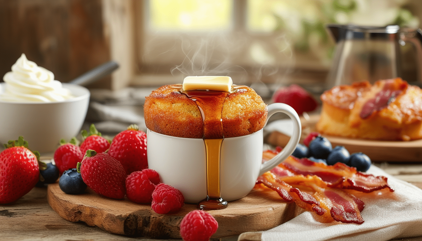 indulge in a deliciously easy french toast mug cake breakfast! this quick recipe combines the classic flavors of cinnamon, vanilla, and maple syrup, all baked to perfection in minutes. perfect for busy mornings or a cozy brunch treat!