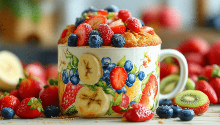 indulge in a delightful fruit explosion mug cake, bursting with vibrant flavors and fresh fruit! this easy-to-make dessert is perfect for a quick treat, combining sweetness and freshness in every bite. enjoy a fruit-filled explosion right in your mug!