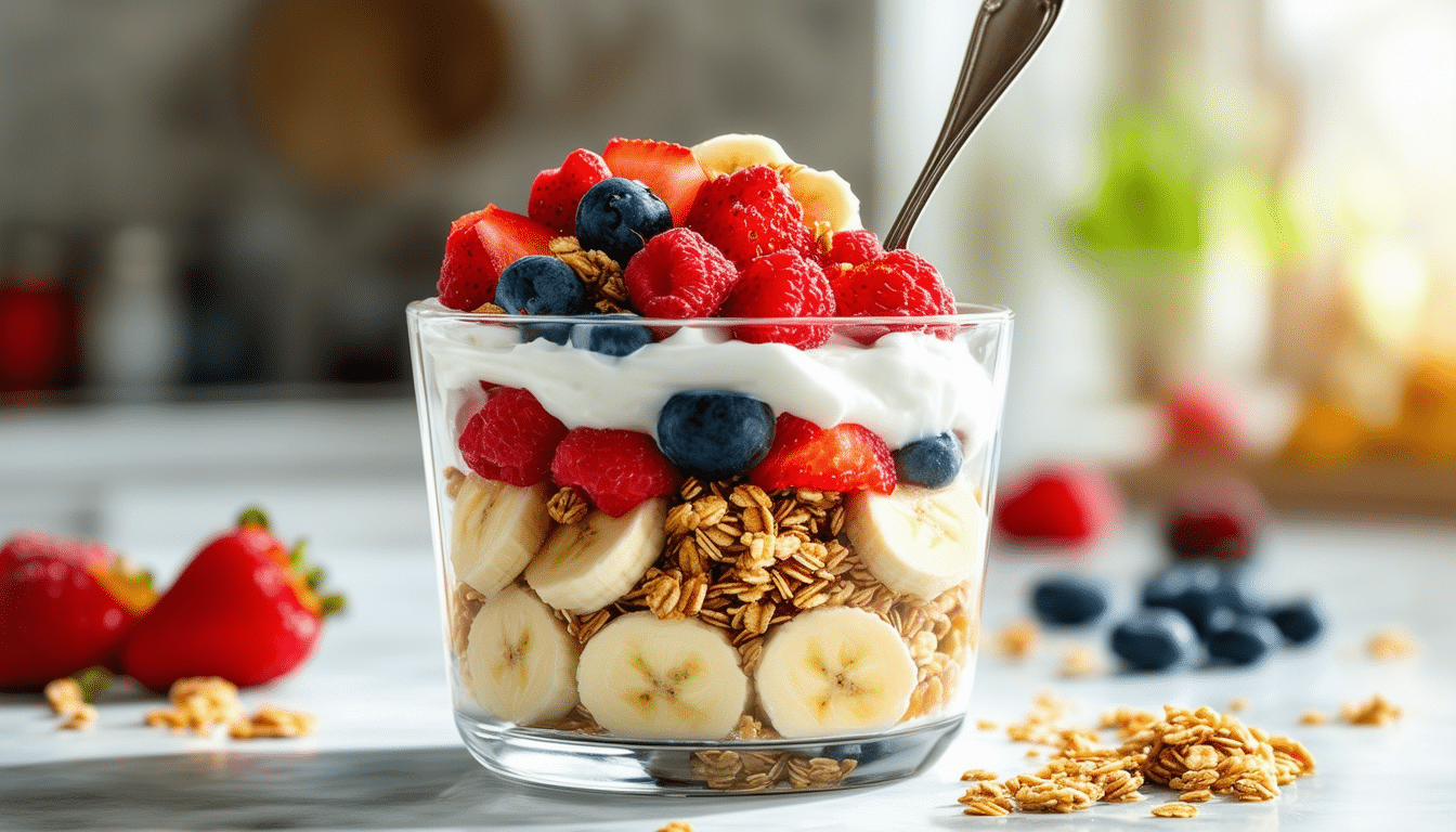 enjoy a delicious greek yogurt parfait by layering creamy greek yogurt with crunchy granola and fresh fruits like banana slices or berries. perfect for a quick, nutritious meal that satisfies your cravings!
