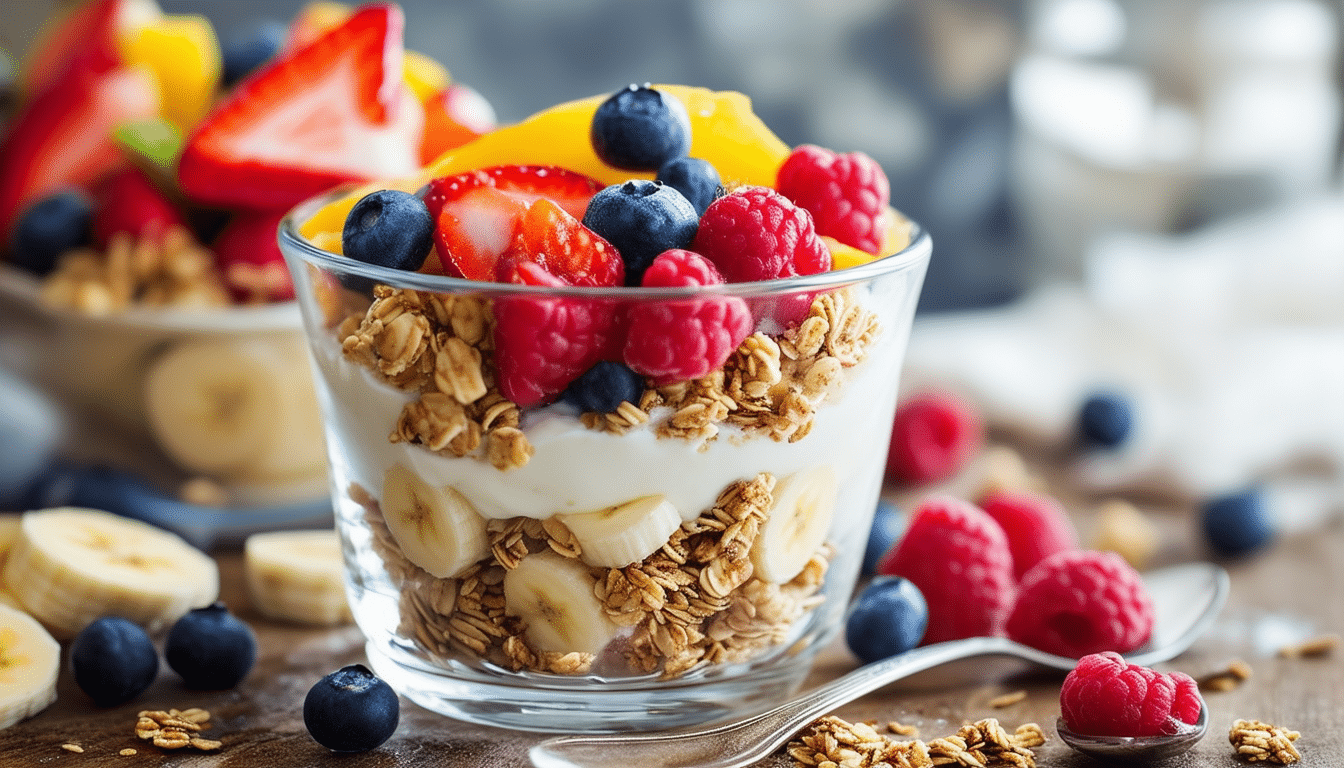 enjoy a delicious greek yogurt parfait by layering creamy greek yogurt with crunchy granola and fresh fruits like banana slices or berries. perfect for a quick, nutritious meal that satisfies your taste buds!