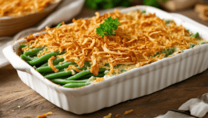 savor the deliciousness of our green bean casserole, featuring fresh green beans enveloped in a rich and creamy sauce, topped with golden, crispy fried onions for the perfect crunchy finish. a classic dish that elevates any meal!