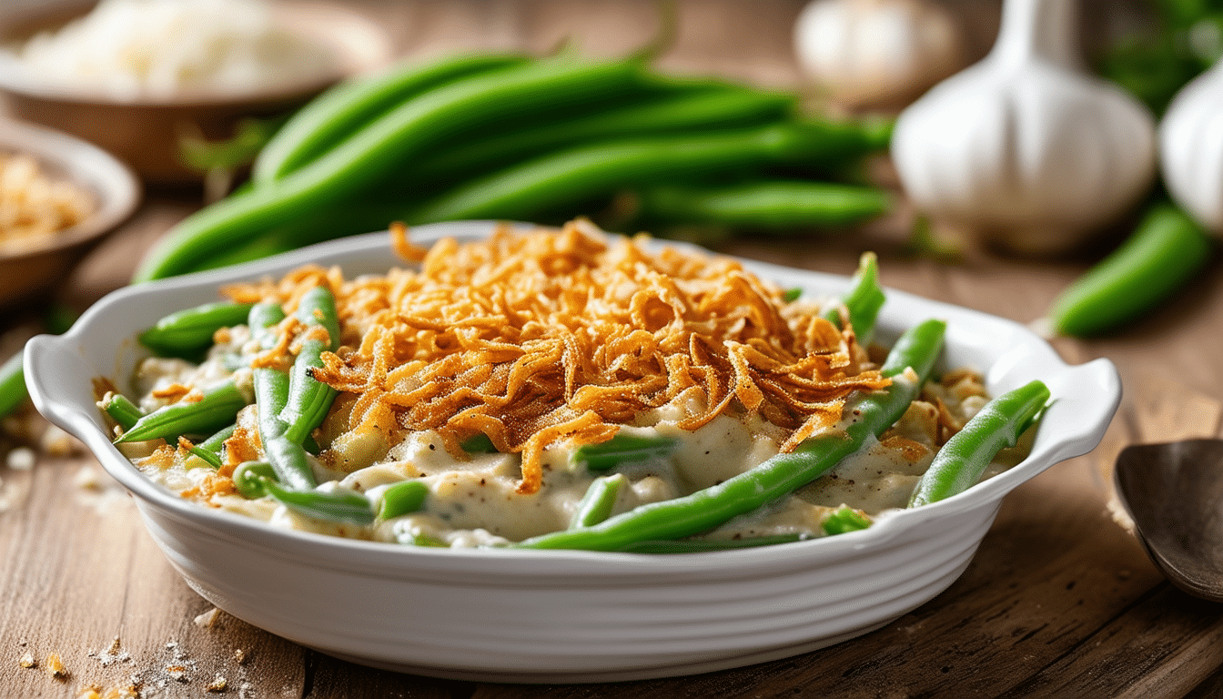 discover the deliciousness of our green bean casserole, featuring fresh green beans smothered in a creamy sauce and topped with crispy fried onions for the perfect holiday side dish.