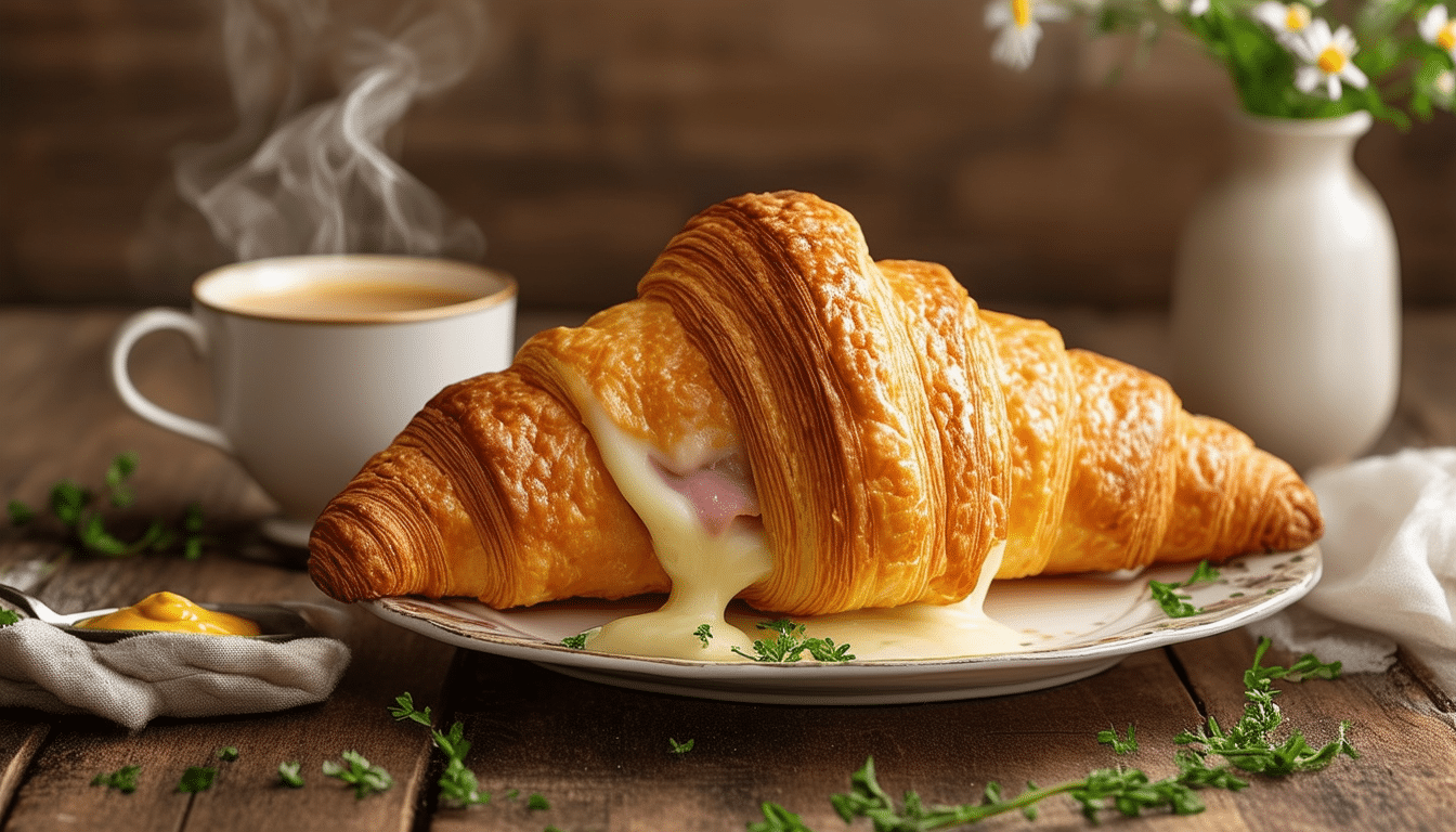 indulge in a delightful breakfast with our ham and cheese croissant. freshly stuffed with savory ham and rich cheese, this warm and flaky croissant is the perfect quick and easy meal to start your day.