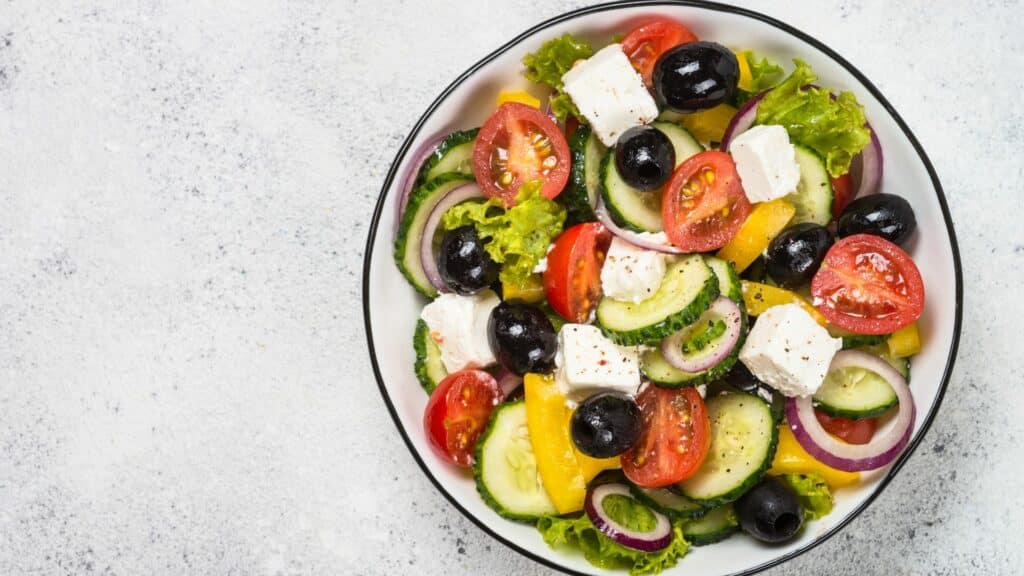 Greek salad with tomatoes, olives, feta, cucumber