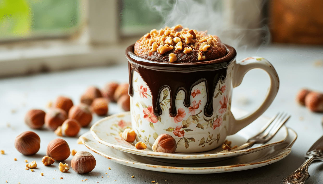 indulge in the rich and decadent flavors of our heavenly hazelnut mug cake. perfect for a quick and satisfying dessert, this easy-to-make chocolate hazelnut treat is ready in just minutes. enjoy a warm, gooey dessert that will elevate your taste buds to cloud nine!