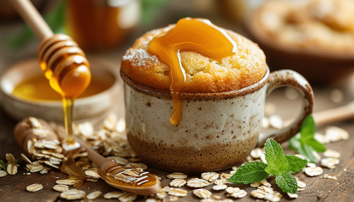 indulge in a deliciously sweet and wholesome honey and oat mug cake, perfect for a quick dessert fix. this easy recipe combines the natural sweetness of honey with the hearty goodness of oats, making it both satisfying and delightful. just a few minutes in the microwave and you'll have a warm, fluffy treat that's great for any time of day!