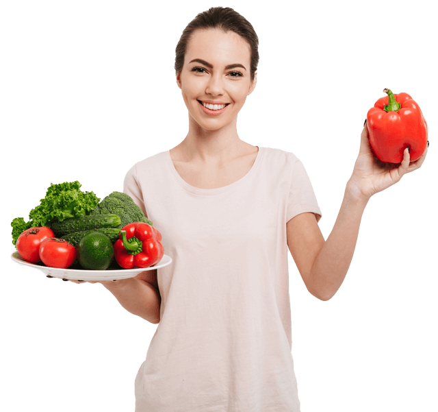 Woman holding fresh vegetables and red bell pepper.