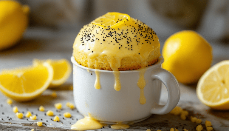 indulge in this delicious keto lemon poppy seed mug cake, a quick and easy low-carb treat perfect for satisfying your sweet cravings. made with almond flour and bursting with citrus flavor, this single-serving dessert is ready in minutes and perfect for keto dieters!
