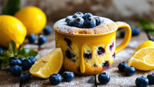 indulge in the delightful taste of our luscious lemon blueberry mug cake, a quick and easy dessert that brings together zesty lemon and sweet blueberries in a deliciously moist cake, perfect for satisfying your sweet cravings in minutes!