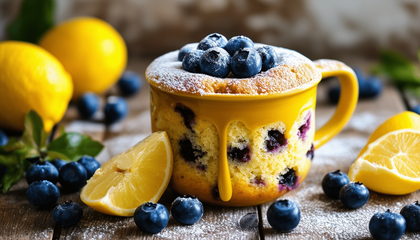 indulge in the delightful taste of our luscious lemon blueberry mug cake, a quick and easy dessert that brings together zesty lemon and sweet blueberries in a deliciously moist cake, perfect for satisfying your sweet cravings in minutes!