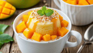 indulge in a delightful mango and sticky rice inspired mug cake – a quick and easy dessert that captures the tropical flavors of sweet mangoes and creamy coconut rice in just minutes. perfect for satisfying your sweet cravings anytime!