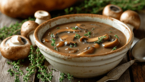 discover the perfect blend of umami and herbs with our mushroom and thyme gravy. this rich vegetarian gravy is ideal for enhancing your holiday turkey, offering a deliciously savory option that everyone will love.