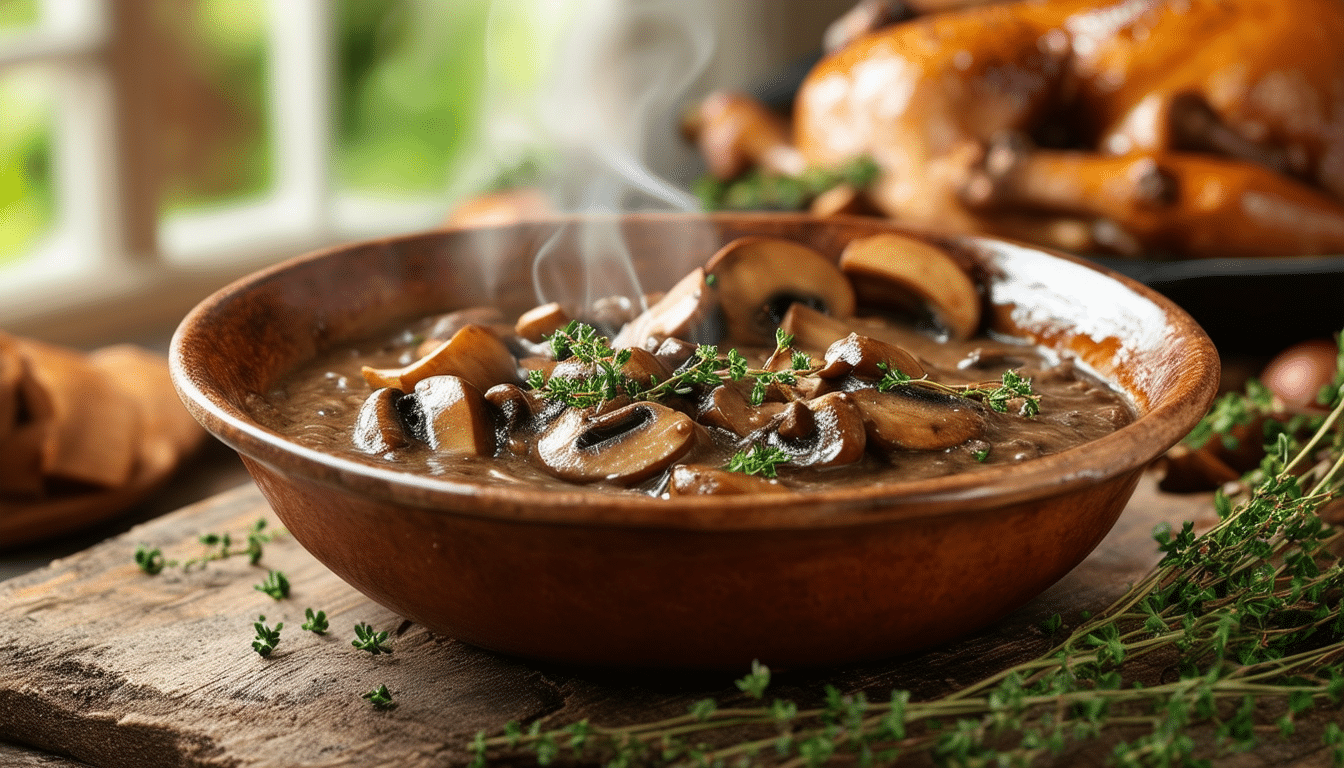 discover the rich flavors of our mushroom and thyme gravy, a delicious vegetarian sauce that's perfect for enhancing your turkey dishes. elevate your holiday meals with this mouth-watering, savory gravy that combines the earthy taste of mushrooms with aromatic thyme.