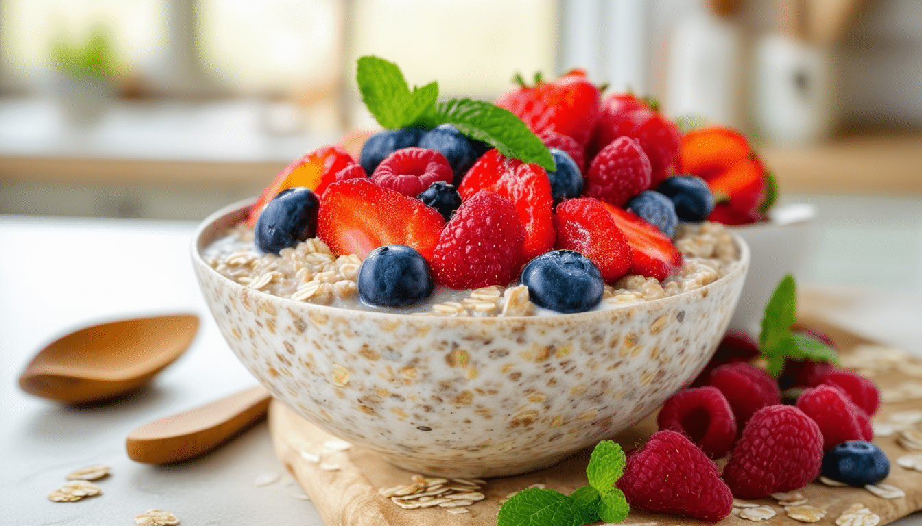 indulge in a creamy and refreshing breakfast with our overnight oats with fresh berries. simply mix rolled oats with your favorite milk, top it with vibrant berries, and let it sit overnight for a quick and nutritious morning delight!