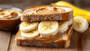 discover the perfect breakfast with a peanut butter and banana sandwich. enjoy creamy peanut butter spread on whole-grain bread, topped with fresh banana slices for a deliciously filling and healthy start to your day.