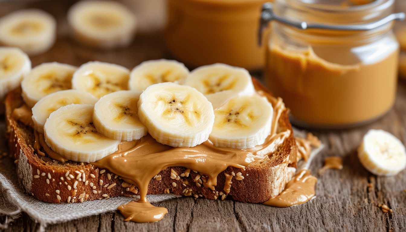 enjoy a delicious and nutritious peanut butter and banana sandwich! spread creamy peanut butter on whole-grain bread and top it with fresh banana slices for a satisfying breakfast that keeps you energized throughout the day.