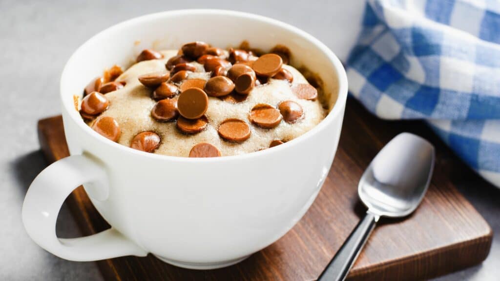 Chocolate chip mug cake and spoon