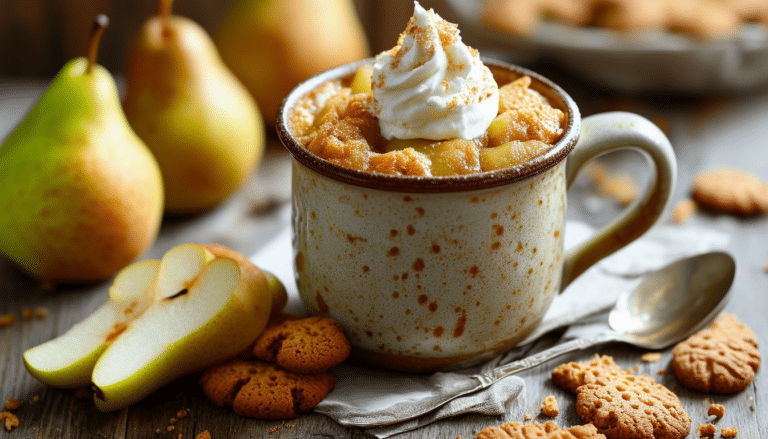 indulge in a delightful pear and ginger snap mug cake, a quick and easy dessert that combines the warm flavors of ripe pears with spicy ginger snap cookies. perfect for a cozy night in, this single-serving treat is ready in minutes and serves as a sweet escape from your day.