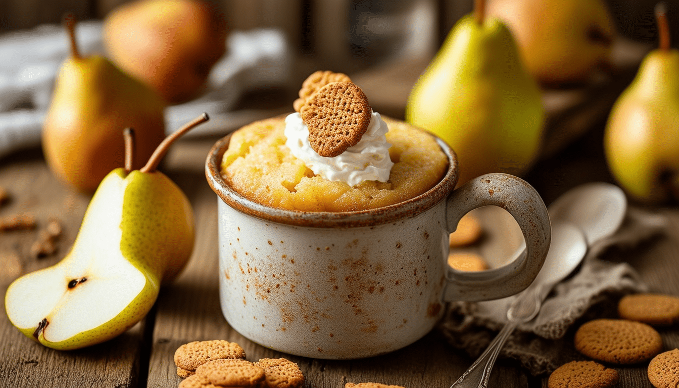 indulge in a warm and comforting pear and ginger snap mug cake, perfect for a quick dessert fix. this easy-to-make recipe combines the sweetness of ripe pears and the spicy warmth of ginger snaps, creating a delightful treat ready in minutes. enjoy the rich flavors in a single serving that's both satisfying and simple!