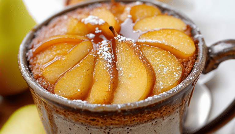 indulge in the delightful simplicity of our quick-fix pear upside down mug cake! this easy recipe brings together tender, caramelized pears and a moist cake, all made in just a few minutes. perfect for a quick dessert or a cozy treat, enjoy a warm slice right from your mug!