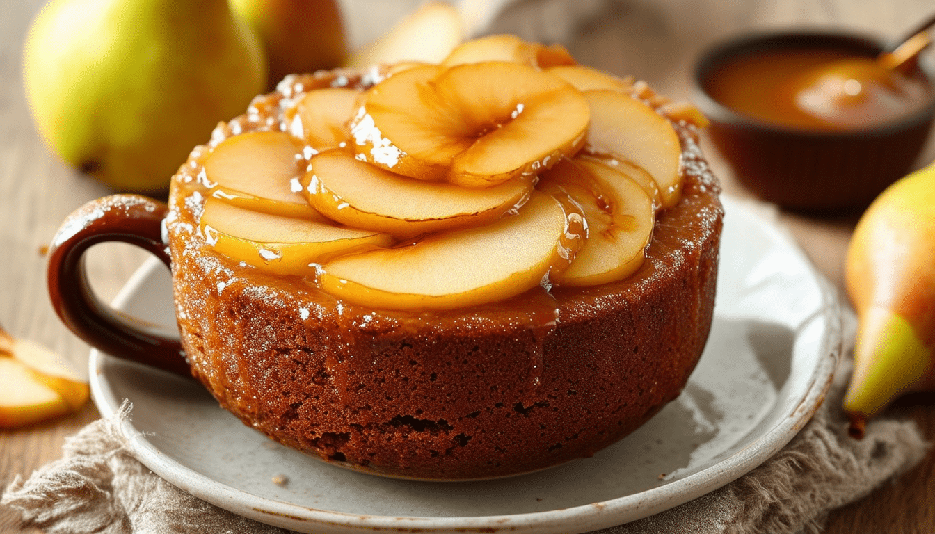 indulge in a delightful treat with our quick-fix pear upside down mug cake! this simple and delicious recipe lets you enjoy a warm, gooey dessert in just minutes. perfect for a quick sweet escape, this mug cake is packed with caramelized pears and a fluffy cake texture. satisfy your sweet tooth effortlessly!