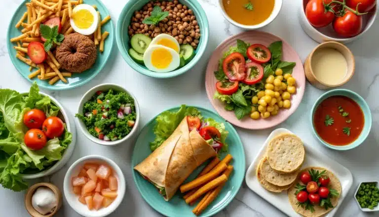 Assorted healthy vegan dishes on a table.