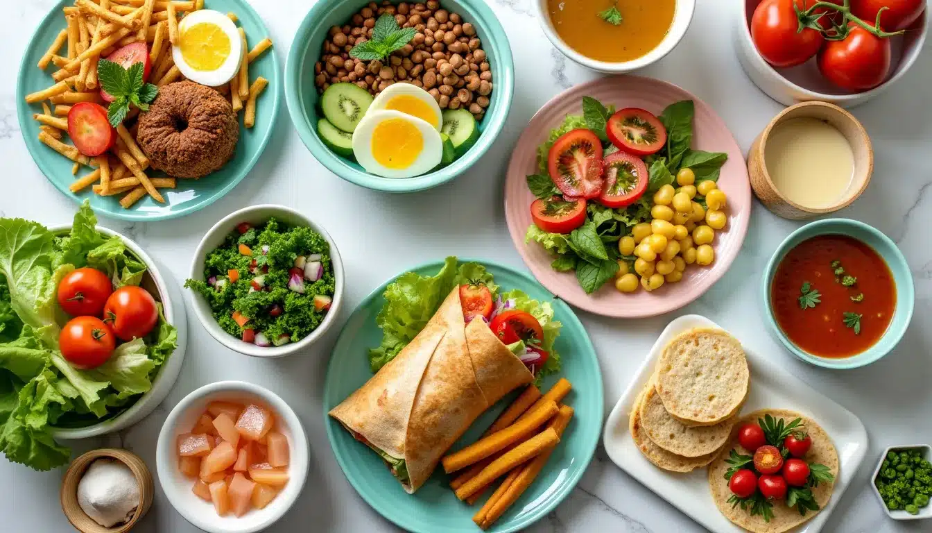 Assorted healthy vegan dishes on a table.