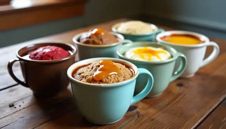 Various flavored mug cakes on a wooden table.