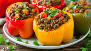 discover our easy stuffed peppers recipe featuring vibrant bell peppers filled with savory ground beef and flavorful rice. perfect for a quick weeknight dinner, this delicious dish is both satisfying and simple to make!