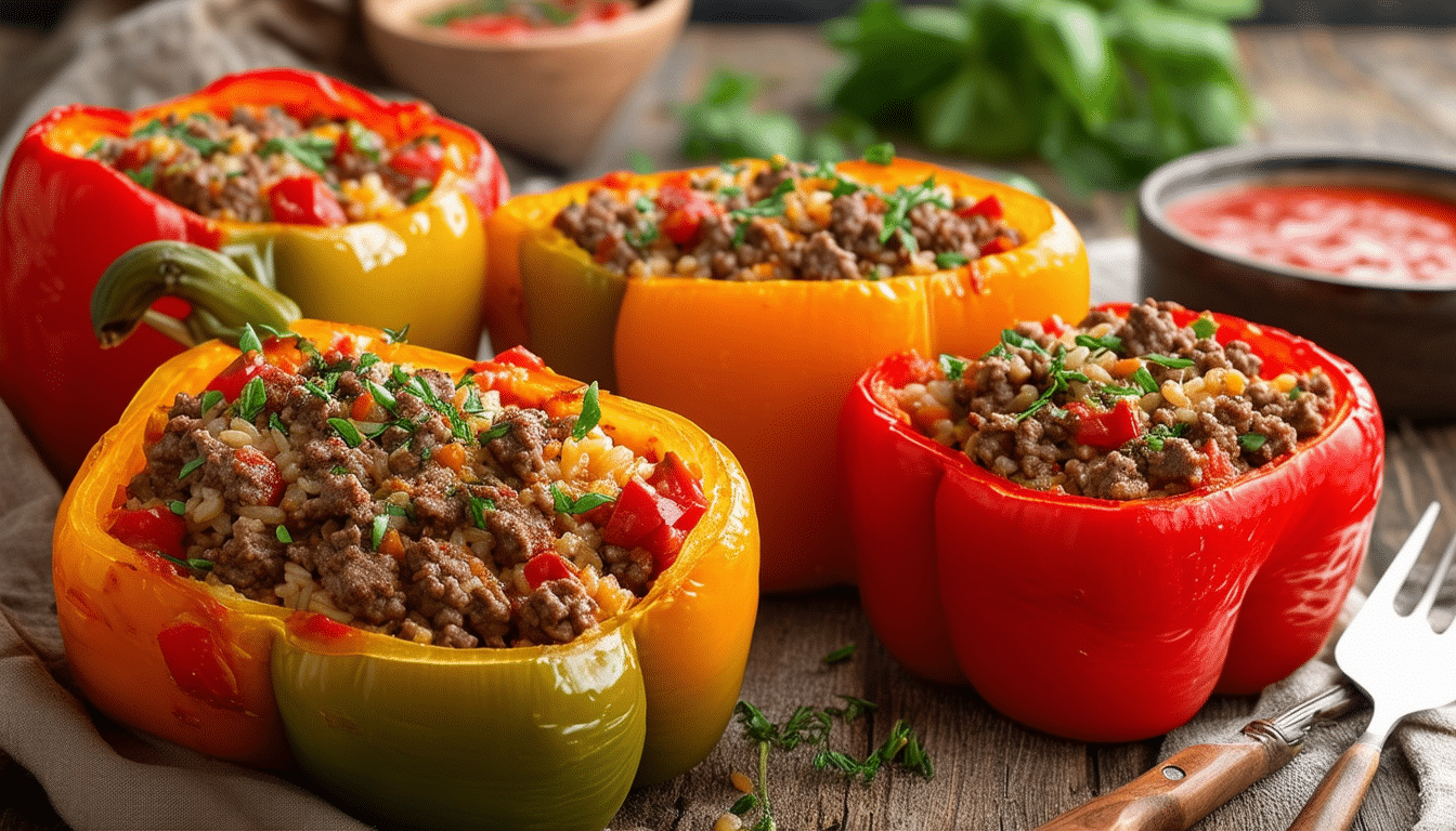 discover this easy stuffed peppers recipe featuring bell peppers filled with savory ground beef and fluffy rice. a delicious and comforting meal perfect for any night of the week!