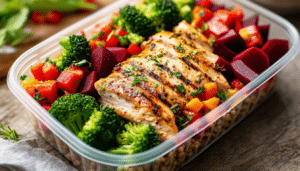 discover a delicious and nutritious meal prep recipe featuring tender chicken paired with vibrant broccoli, earthy beets, and hearty farro salad. perfect for healthy eating and easy meal planning!