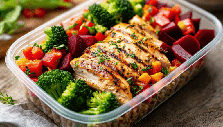 discover a delicious and nutritious meal prep recipe featuring tender chicken paired with vibrant broccoli, earthy beets, and hearty farro salad. perfect for healthy eating and easy meal planning!