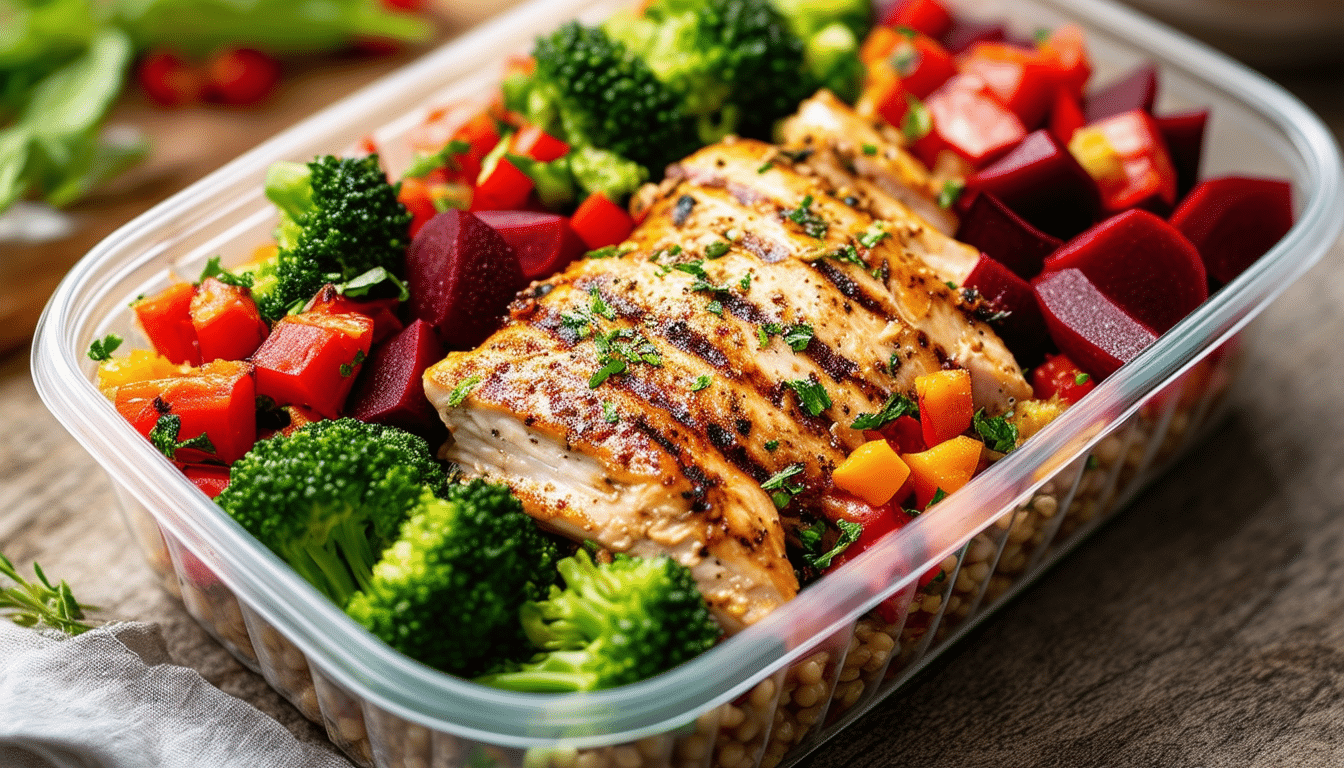 discover a delicious and nutritious meal prep recipe featuring tender chicken paired with vibrant broccoli, earthy beets, and hearty farro salad. perfect for healthy eating and easy meal planning!