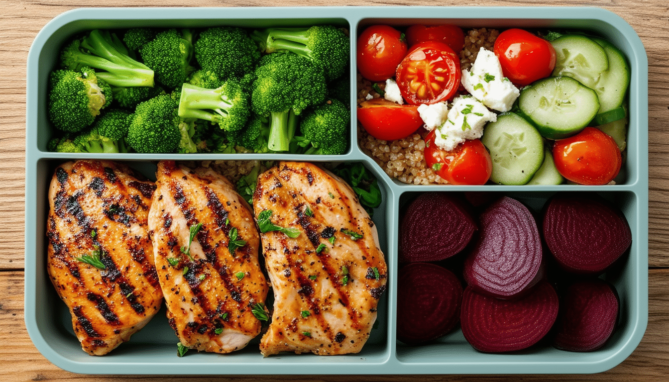 prepare your week with this healthy and delicious meal prep recipe featuring tender chicken paired with vibrant broccoli, nutritious beets, and hearty farro salad. perfect for quick lunches or dinners, this balanced dish is both easy to make and full of flavor!