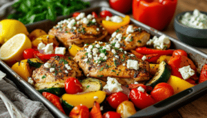 discover a delicious and easy-to-make recipe meal prep with our greek sheet pan chicken dinner. perfectly seasoned chicken, vibrant vegetables, and flavorful herbs come together in one pan for a healthy, hassle-free weeknight dinner. meal prep made simple and satisfying!