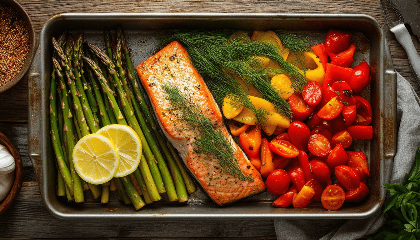 prepare a delicious and nutritious salmon sheet pan dinner with veggies effortlessly. this recipe is perfect for meal prep, offering a healthy and flavorful option that's ready in no time. enjoy the ease of cooking everything on one pan, making cleanup a breeze.