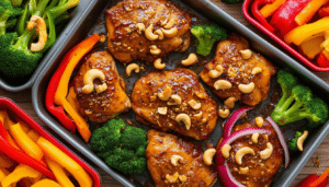 discover the ultimate meal prep solution with our sheet pan cashew chicken recipe. easy to make and packed with flavor, this dish combines tender chicken, crunchy cashews, and vibrant vegetables, all roasted to perfection on a single sheet pan. perfect for busy weeknights, this healthy and delicious recipe will save you time while satisfying your taste buds!