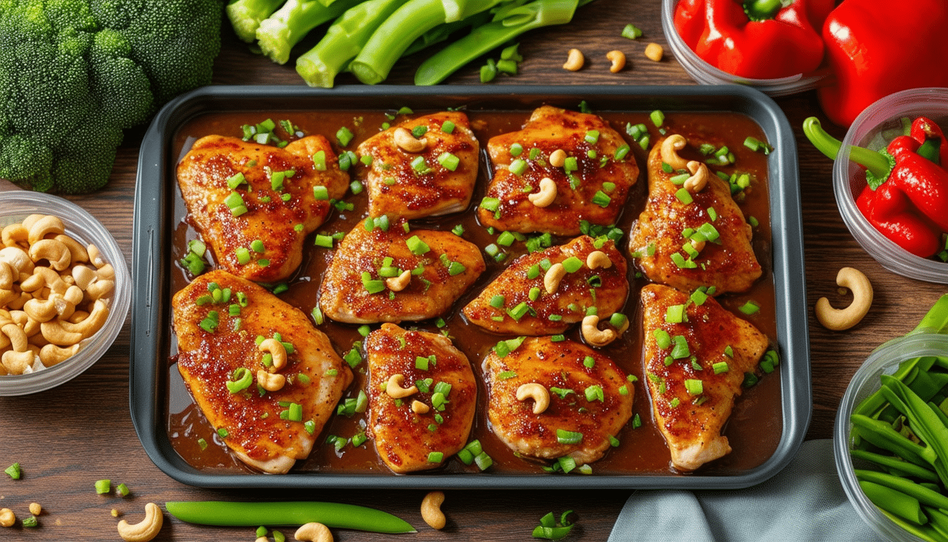 discover the delicious and easy recipe meal prep for sheet pan cashew chicken! perfect for busy weeknights, this one-pan dish combines tender chicken, crunchy cashews, and colorful vegetables, seasoned to perfection. meal prep made simple and flavorful!