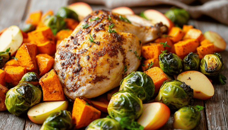 discover the perfect meal prep solution with our sheet pan chicken recipe featuring tender chicken, roasted sweet potatoes, crisp brussels sprouts, and sweet apples. a healthy, delicious, and effortless dinner idea for busy weeknights!