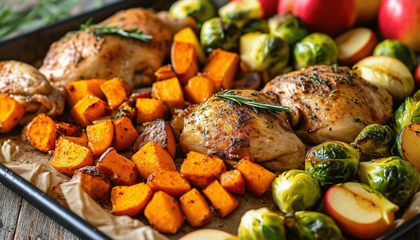 discover the ultimate recipe for meal prep with our sheet pan chicken featuring tender chicken, roasted sweet potatoes, crisp apples, and flavorful brussels sprouts. perfect for a nutritious and delicious weeknight dinner!