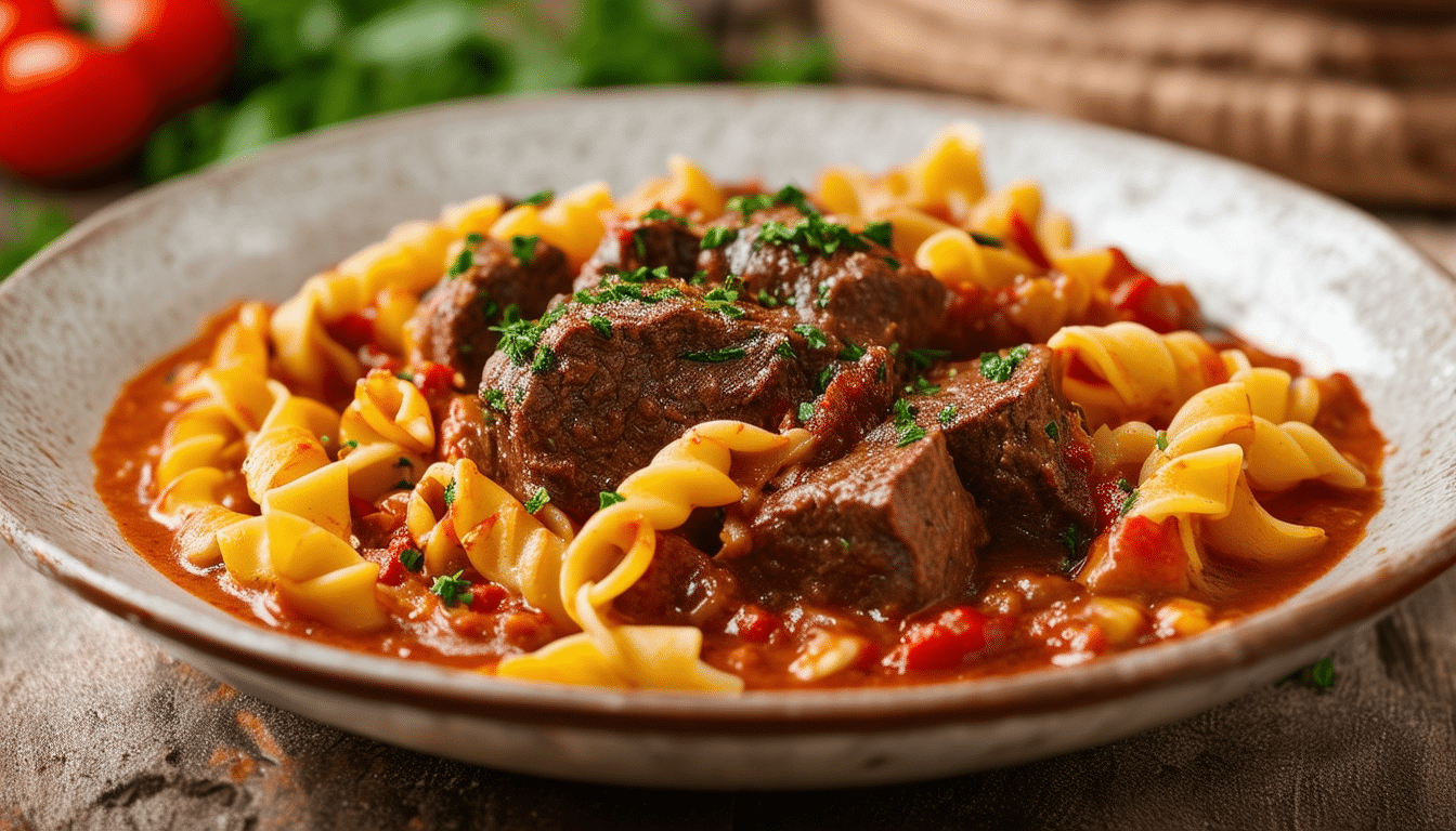 savor the rich flavors of hungary with our easy one-pot beef goulash recipe! this hearty dish combines tender beef, aromatic paprika, and comforting noodles for a satisfying meal. perfect for weeknight dinners, try this delicious, all-in-one recipe that promises to warm your soul.