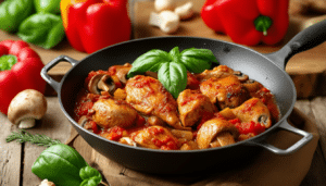 discover the rich flavors of italy with our one-pot chicken cacciatore recipe. this comforting chicken stew combines tender chicken, succulent tomatoes, and earthy mushrooms for a hearty meal that’s easy to prepare and perfect for family dinners. enjoy a taste of tradition with minimal cleanup!