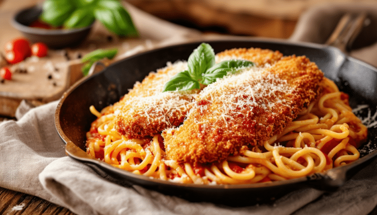 discover the ultimate comfort food with our one-pot chicken parmesan recipe! enjoy tender breaded chicken smothered in rich marinara sauce, perfectly paired with pasta, all cooked in a single pot for easy preparation and cleanup. perfect for a weeknight dinner or a special gathering!