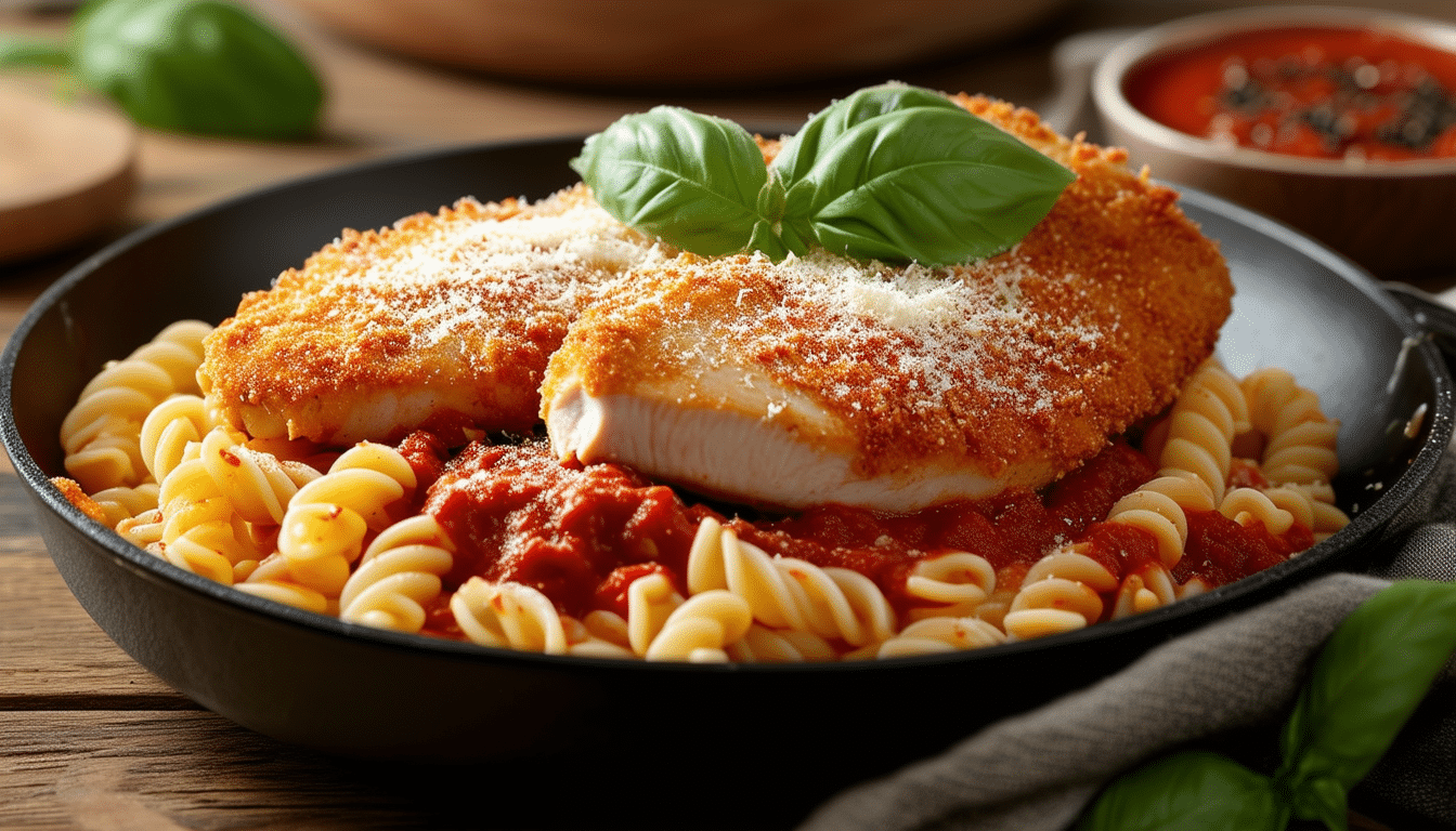 discover the ultimate comfort food with our one-pot chicken parmesan recipe! juicy breaded chicken topped with rich marinara sauce, served over pasta for a quick and delicious meal. perfect for busy weeknights!