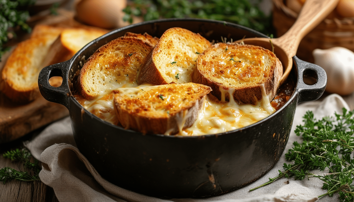 discover the ultimate comfort food with our one-pot french onion soup recipe. this rich and savory dish combines caramelized onions, a hearty broth, crusty bread, and gooey melted cheese, perfect for a cozy meal any time of the year.